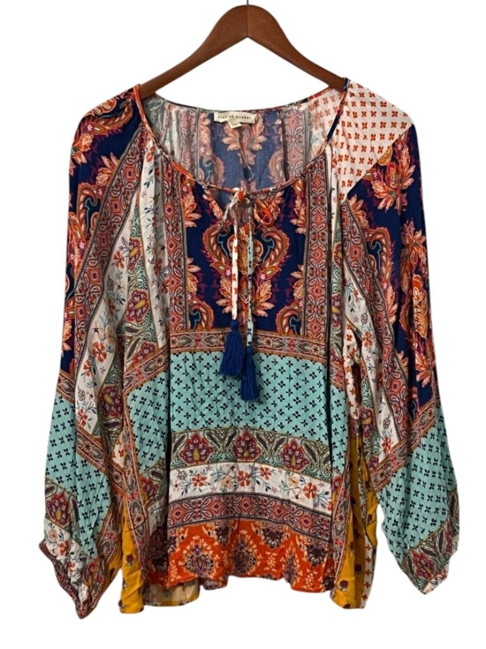 Farmers Market Womens 2X Boho Peasant Blouse Paisley Floral Tassel Rayon Top